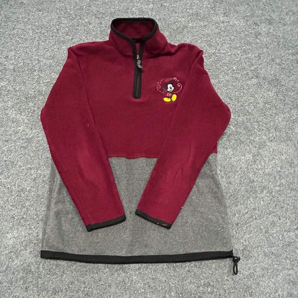Disney Fleece Pullover Womens Size M Maroon Grey Colorblock Mickey Mouse 1/4 Zip